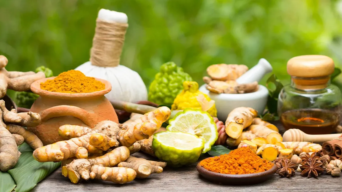 a photo with all the ayurvedic herbs and spices used to make ayurvedic supplements like ginger, lemon, cinnamon, cardamom etc.