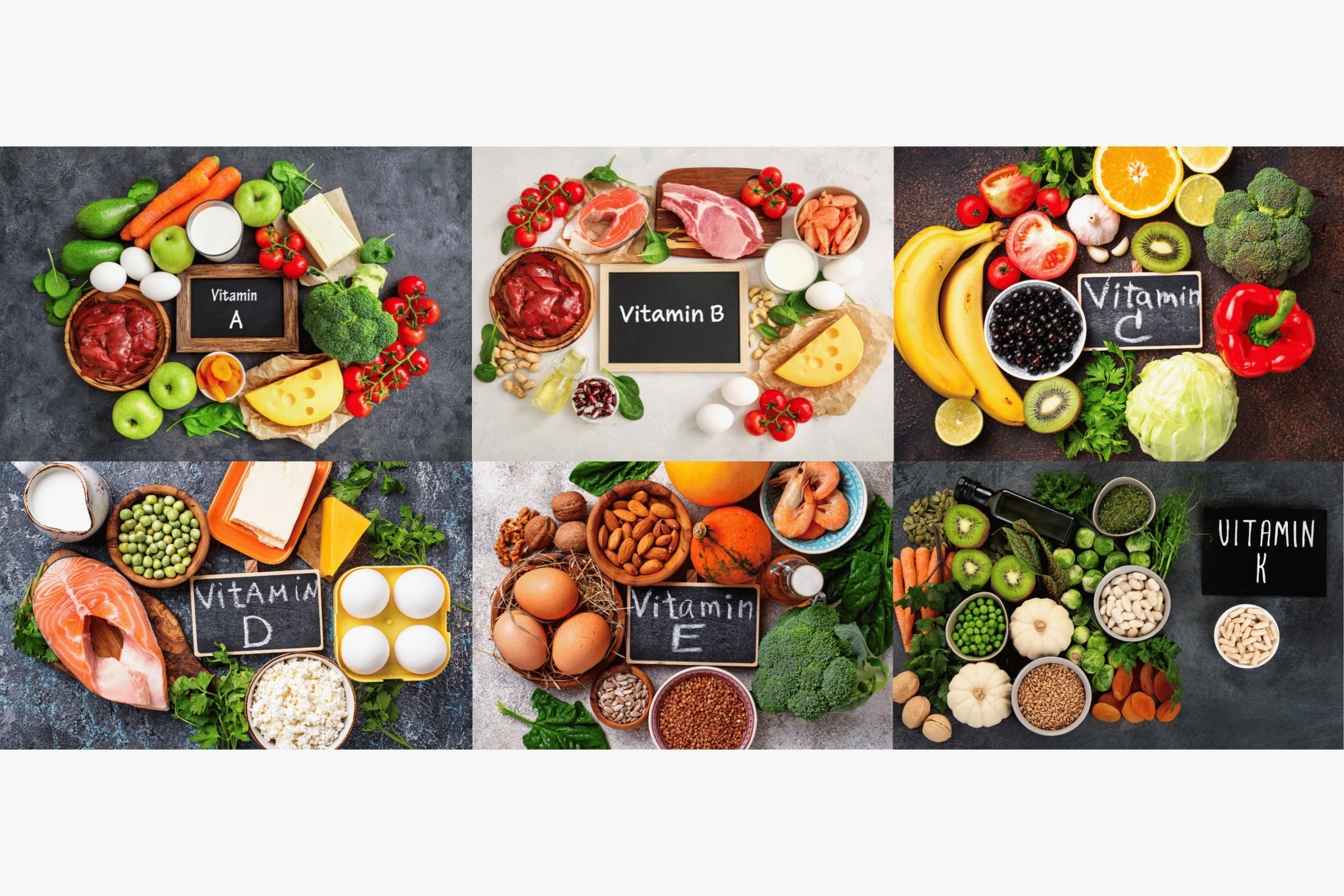 a photo depicting various types of vitamins and their food sources